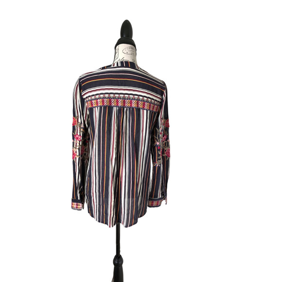 Floral Embroidered Multicolor Blouse Long Sleeve Button Front Striped Size S/M - Picture 3 of 11